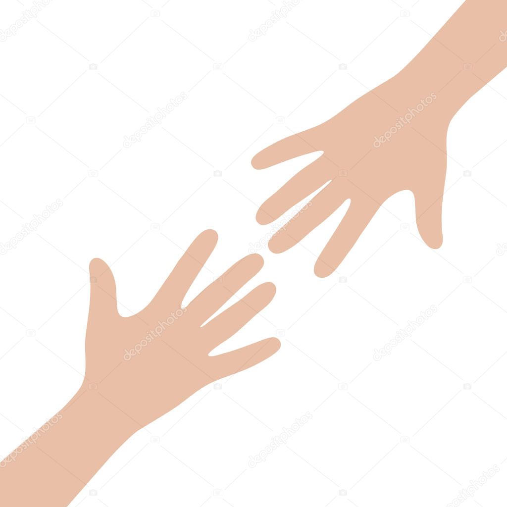 Two hands of arms reaching for each other. Helping hand. Close up body part. Flat design. Love soul gift concept White background. Isolated. Vector illustration
