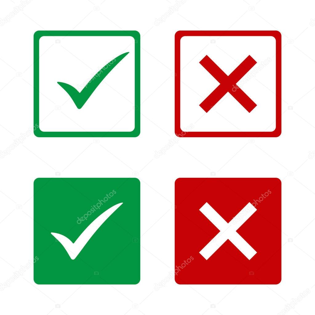 set of flat buttons: green check marks and red crosses.