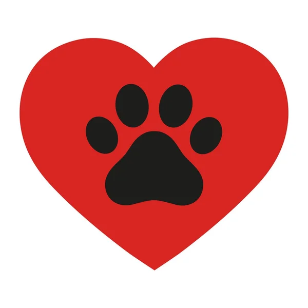 Cat paw footprint in heart. Vector. Love Cats. Animals, Pets, Puppies,  Kittens, Dogs . Red heart with cat white paw print inside. Symbol of love.  Postcard, emblem, icon, print, cover, sticker, t