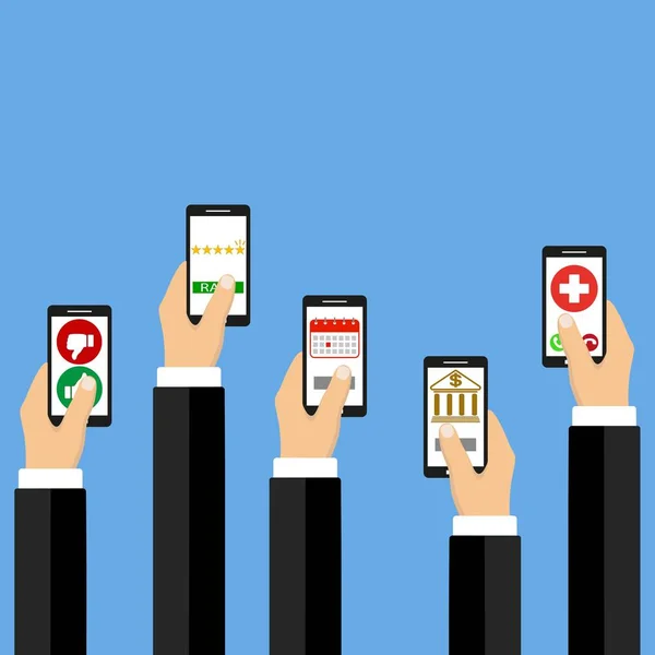 Concetto di applicazioni mobili. Mano con i telefoni illustrazione piatta . — Vettoriale Stock