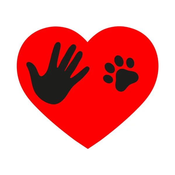 Mänsklig hand och tass av hund på bakgrund av hjärtat — Stock vektor