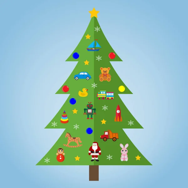 Arbre Noël Avec Jouets Sur Fond Bleu — Image vectorielle
