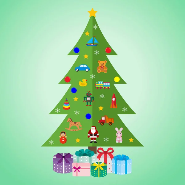 Arbre Noël Avec Jouets Cadeaux Sur Fond Vert — Image vectorielle