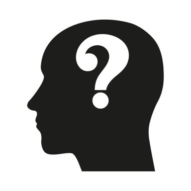 soru işareti bulunan bir insan kafası. Resimde beyaz arka plan üzerinde
