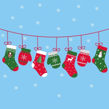 Yeni yıl çorap ve eldivenler mavi bir arka plan üzerinde