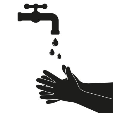 Düşen su musluk dışarı ellerimde. Adam ellerini, hijyen yıkar. Düz stil vektör çizim