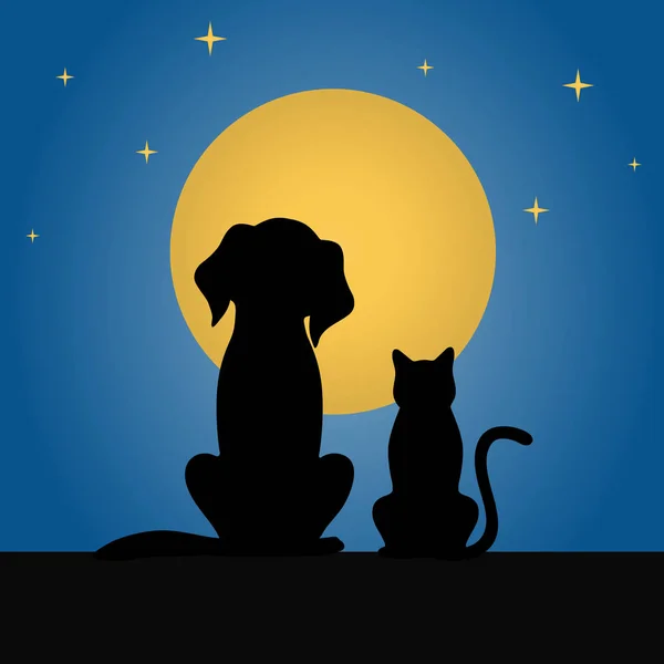 Silhueta Cão Gato Contra Fundo Lua Uma Noite Céu Estrelado — Vetor de Stock