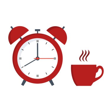 Kırmızı alarm saati ve beyaz zemin üzerine sıcak kahve Kupası
