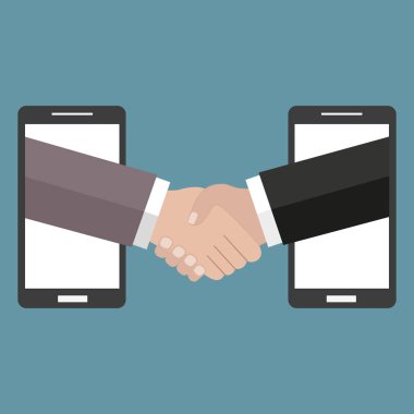 Vektör çizim içinde düz doğrusal style - fason iş ve uzak çalışma - el sıkışma ve cep telefonları