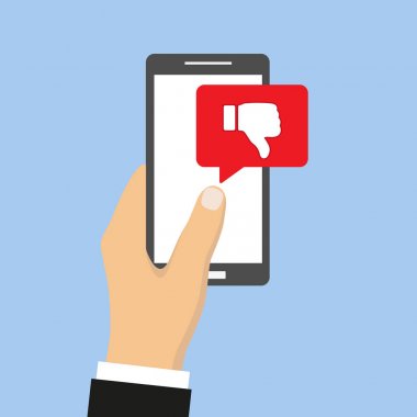 Ekranda kırmızı antipati ile Smartphone tutan el. Sosyal ağ ve medya üstünde hareket eden telefon. Modern grafik öğeleri web afiş, web tasarım, basılı malzemeler için.