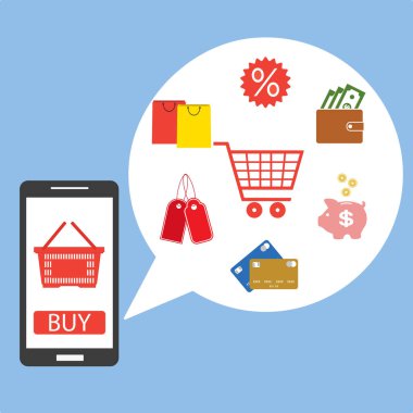 Cep telefonunuzda alışveriş veya online yolu ile kullanma smartphone cep telefonu ile alışveriş için düz tasarlamak vektör