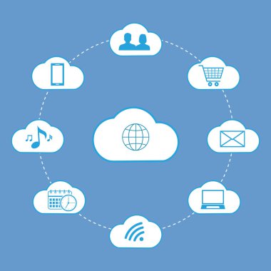 Internet bulut mavi bir arka plan üzerinde medya online dijital teknoloji