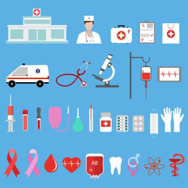 Mavi bir arka plan üzerinde ilaç için düz tasarım kavramı simge kümesi