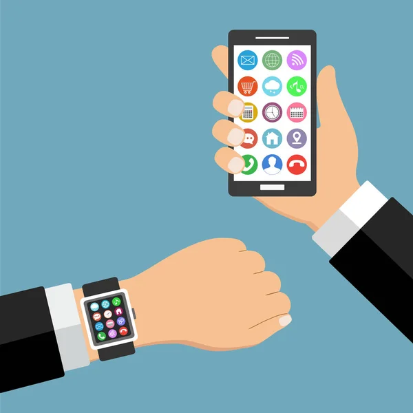 Smart Watch Smartphone Mit Erhobenem Daumen Und Handy Applikationen Wearable — Stockvektor