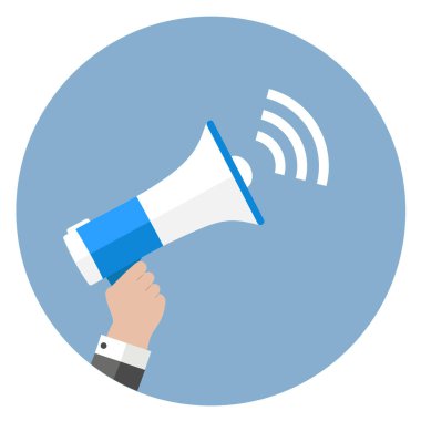 Çizgi film megafon simgesi. sosyal medya pazarlama kavramı. illüstrasyon mavi arka plan üzerinde düz tasarım
