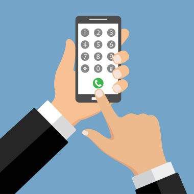 Akıllı telefon, ekran dokunaklı parmak tutan el. Aramaya cevap vermek. Web afiş, web siteleri, infographics için modern kavram. Smartphone ekranında telefon görüşmesi düğmesini.