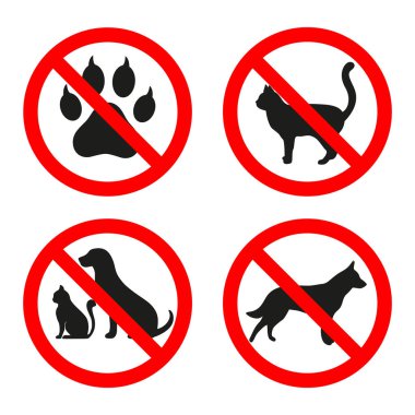 köpek ve kedi beyaz bir arka plan üzerinde kırmızı bir daire içinde yasak işaretleri. Yasak hayvan işareti.
