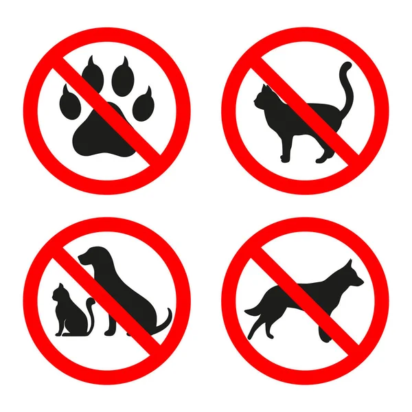 犬と猫の白地に赤丸では禁止の標識 禁止された動物の記号 — ストックベクタ
