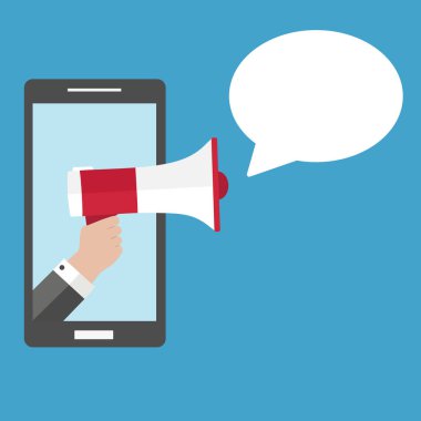 mavi bir arka plan üzerinde elinde megafon ile telefon