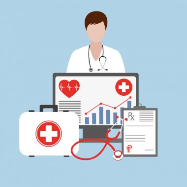Doktor ekran monitör dışında. Bilgisayar hizmet sağlık. Modern düz tasarım kavramları