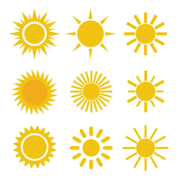 Set Different Simple Yellow Orange Sun Icons White Background Spiky — Stock Vector