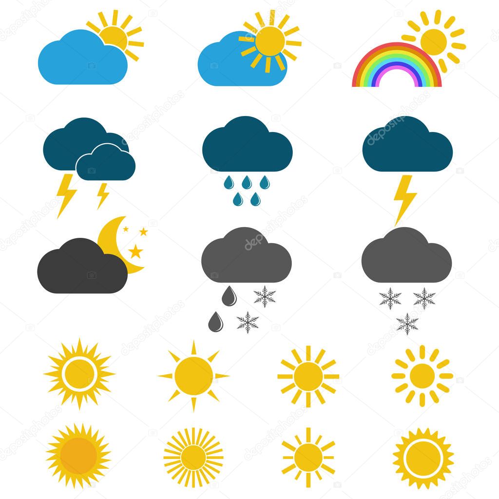 Weather icons on the white background.WEATHER FORECAST: Flat icons, pictogram and symbol collection.