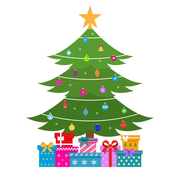 白色背景上附有玩具和礼物的绿色圣诞树的图解 — 图库矢量图片