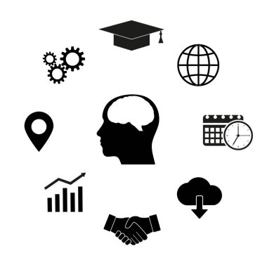 modern iş bilgi hareket kavramı Illustration. Merkez beyin ve kutsal kişilerin resmi üstünde belgili tanımlık konu iş