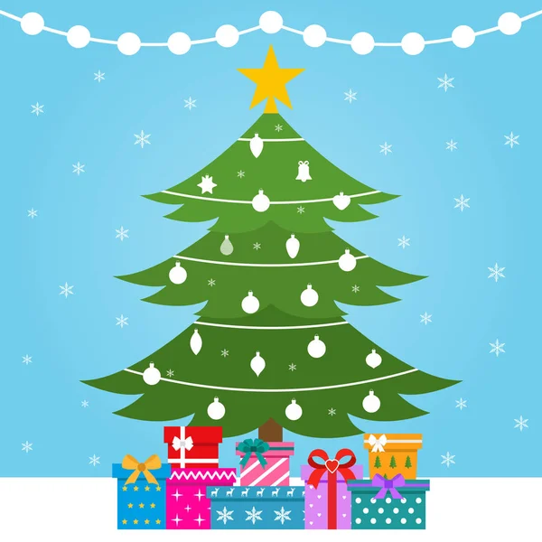 ギフトボックス スター ガーランド 青い背景におもちゃで装飾された緑のクリスマスツリー — ストックベクタ