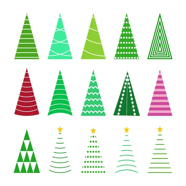 緑のクリスマスツリーのコレクション お祝いや新年のイラストのための漫画の休日の木を設定 — ストックベクタ