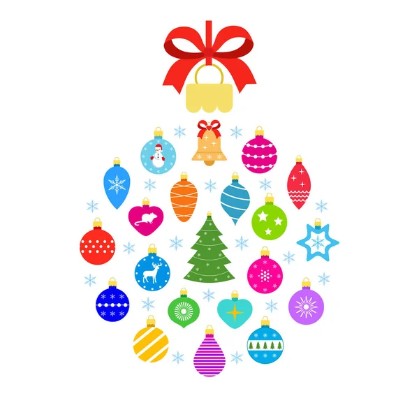 Boule Noël Multicolore Avec Ruban Rouge Sur Fond Blanc — Image vectorielle