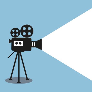 Retro Film projektör Gönderen. Video kamera bir tripod üzerinde gri bir arka plan üzerinde