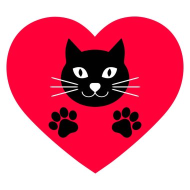 Kırmızı kalplerin arka planında patileri olan sevimli siyah kedi.