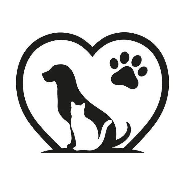 Dog Cat Love Animal Symbol Paw Print Heart White Background — Stock Vector