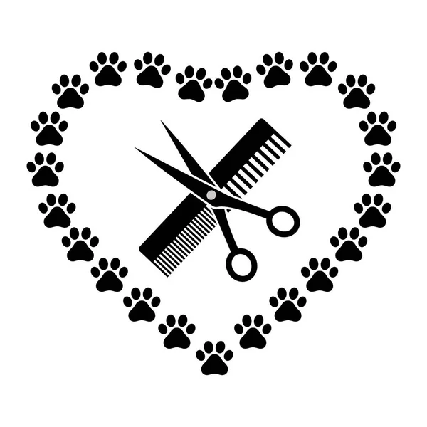 Emblem Animal Grooming Comb Scissors Shape Heart — 스톡 벡터