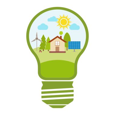 İllüstrasyon Yeşil İş Kavramsal Tasarımı. Doğa ve Çevre Koruma Konsepti. Ekoloji Enerjisi Ampulü.