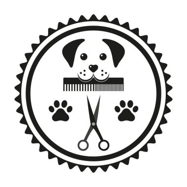 Bir çember içinde tarak ve makasla köpek kafasını tımar eden hayvan amblemi.