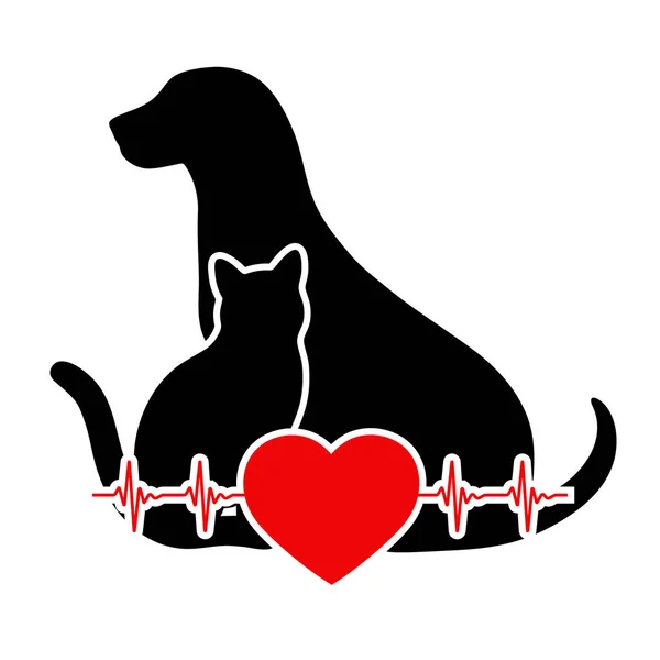 Silhouette Emblema Veterinario Cane Gatto Con Cuore Sfondo Bianco — Vettoriale Stock