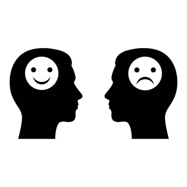 Beyaz arka planda duyguları olan erkek başlarının siluetleri.