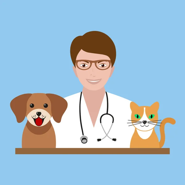 Illustration Veterinär Läkare Med Hund Och Katt Blå Bakgrund — Stock vektor