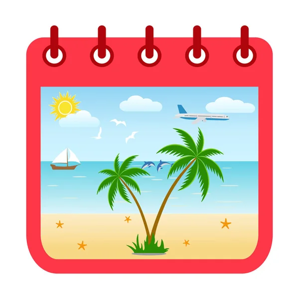 Concepto Vacaciones Playa Calendario Que Muestra Turismo Sobre Fondo Blanco — Vector de stock