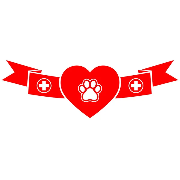 Logo Veterinario Stendardo Rosso Con Cuore Zampa Cane Sfondo Bianco — Vettoriale Stock
