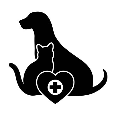 Beyaz bir arka planda kalbi ve sağlık haçı olan bir kedi ve bir veteriner amblemi.
