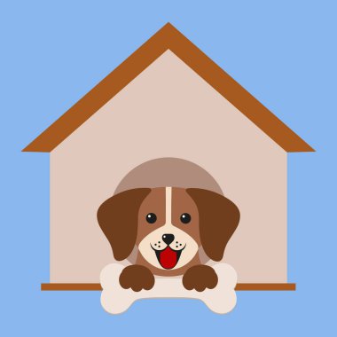 Beyaz arka planda bir kemiği olan köpek kulübesinde şirin bir çizgi film köpeği tasviri
