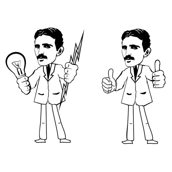 Two black and white vector image of Nikola Tesla