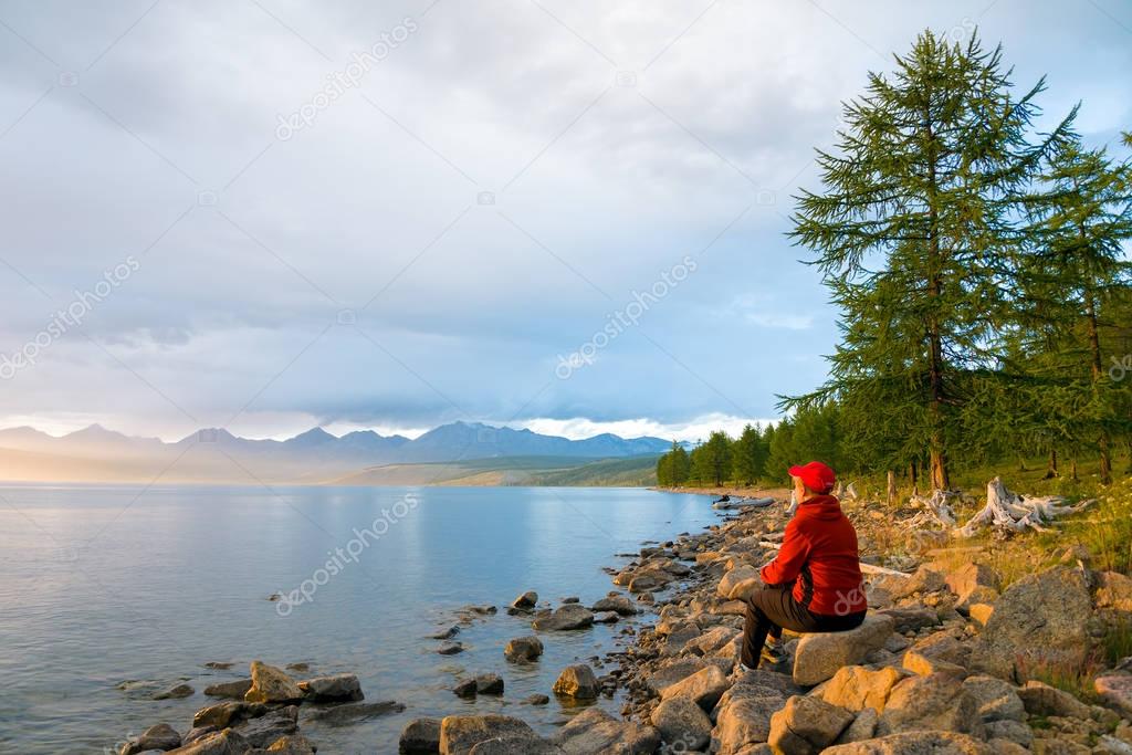 A woman looking at the lake Hovsgol 