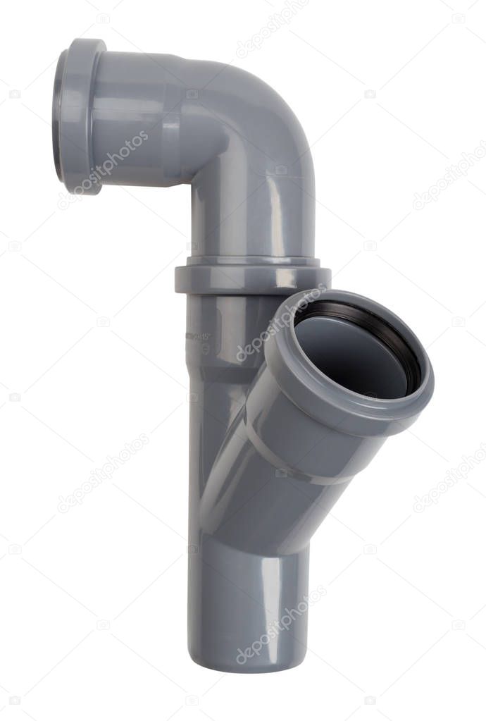 The junction of two new plastic draining fittings isolated on white 