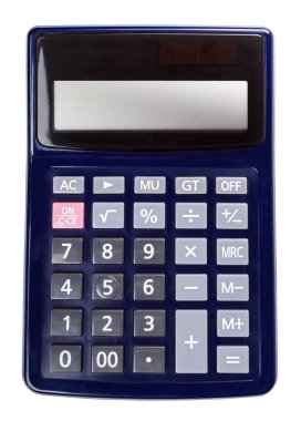 Koyu mavi hesap makinesi beyaz arkaplanda izole edildi. 