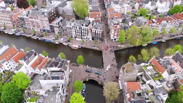 Panoramiczny Widok Powietrza Amsterdamu Holandii Widok Powyżej Kanałów Mostów Starej — Wideo stockowe