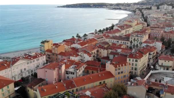 Aerial View Coastline Beach Red Tiled Roofs Menton Cote Azur — Stock Video